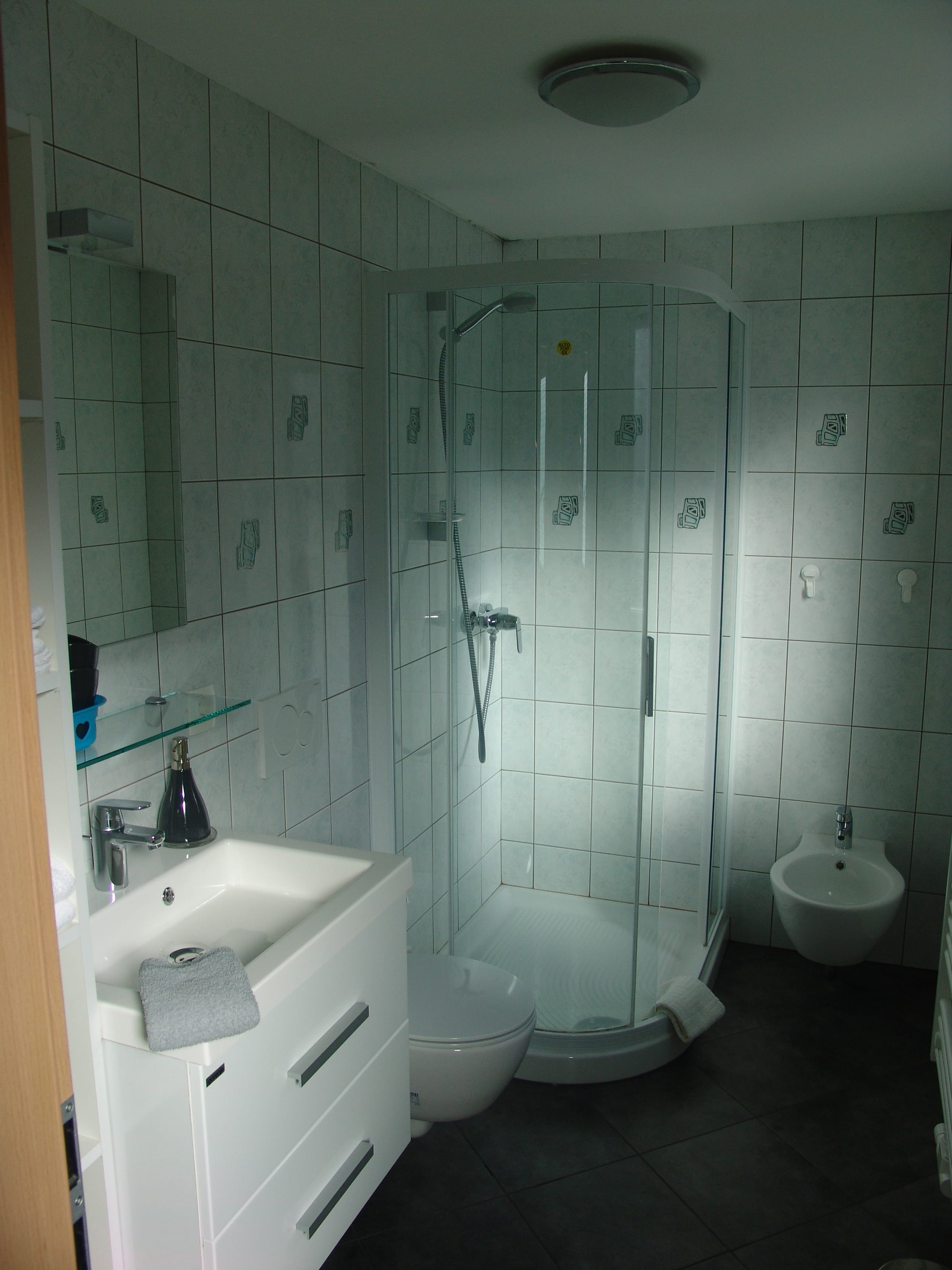 Bathroom with a glazed corner shower enclosure, tiled walls and a washbasin.