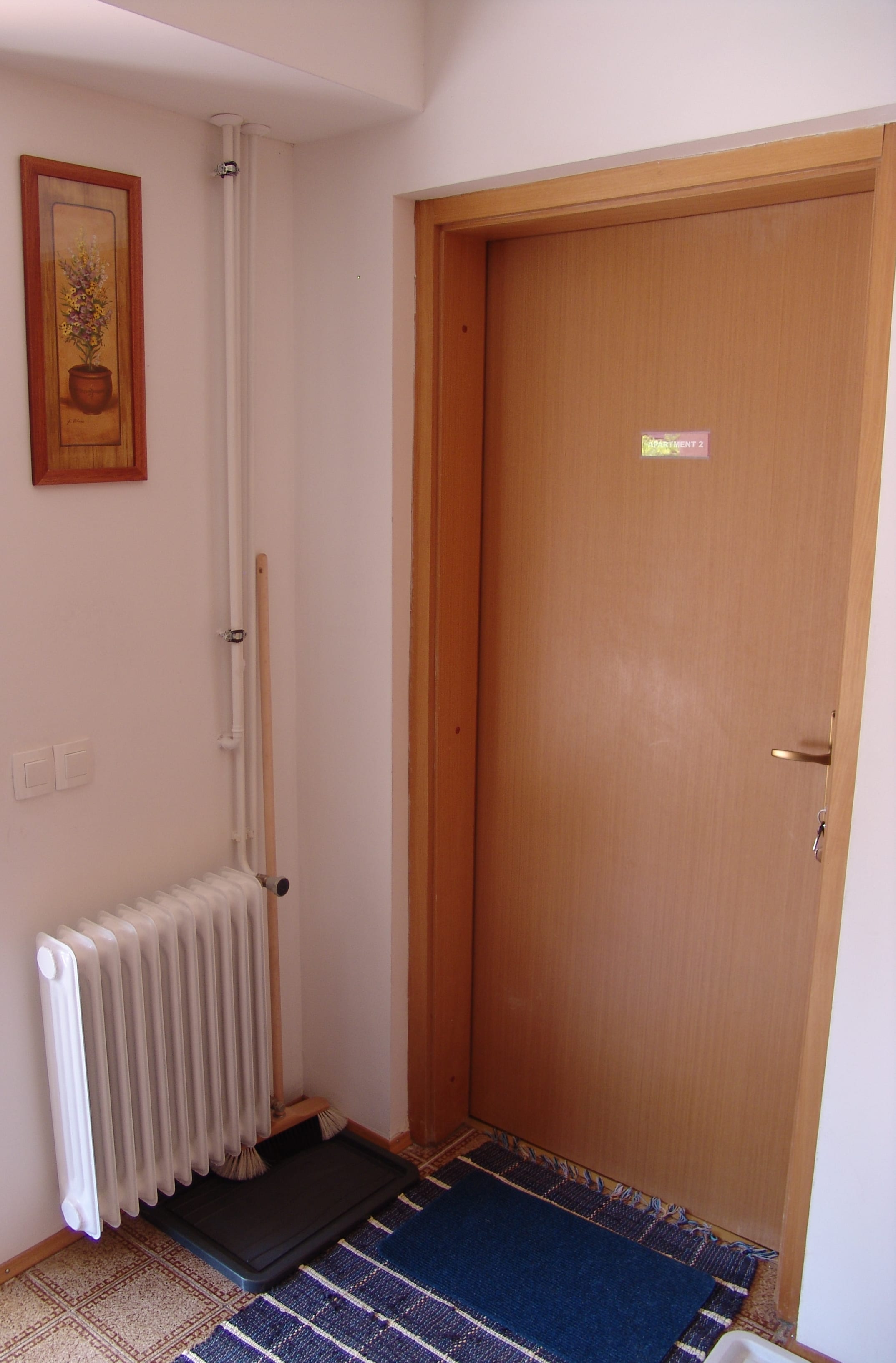 The private entrance door of the apartment, with a radiator, a framed picture and a rug inside.