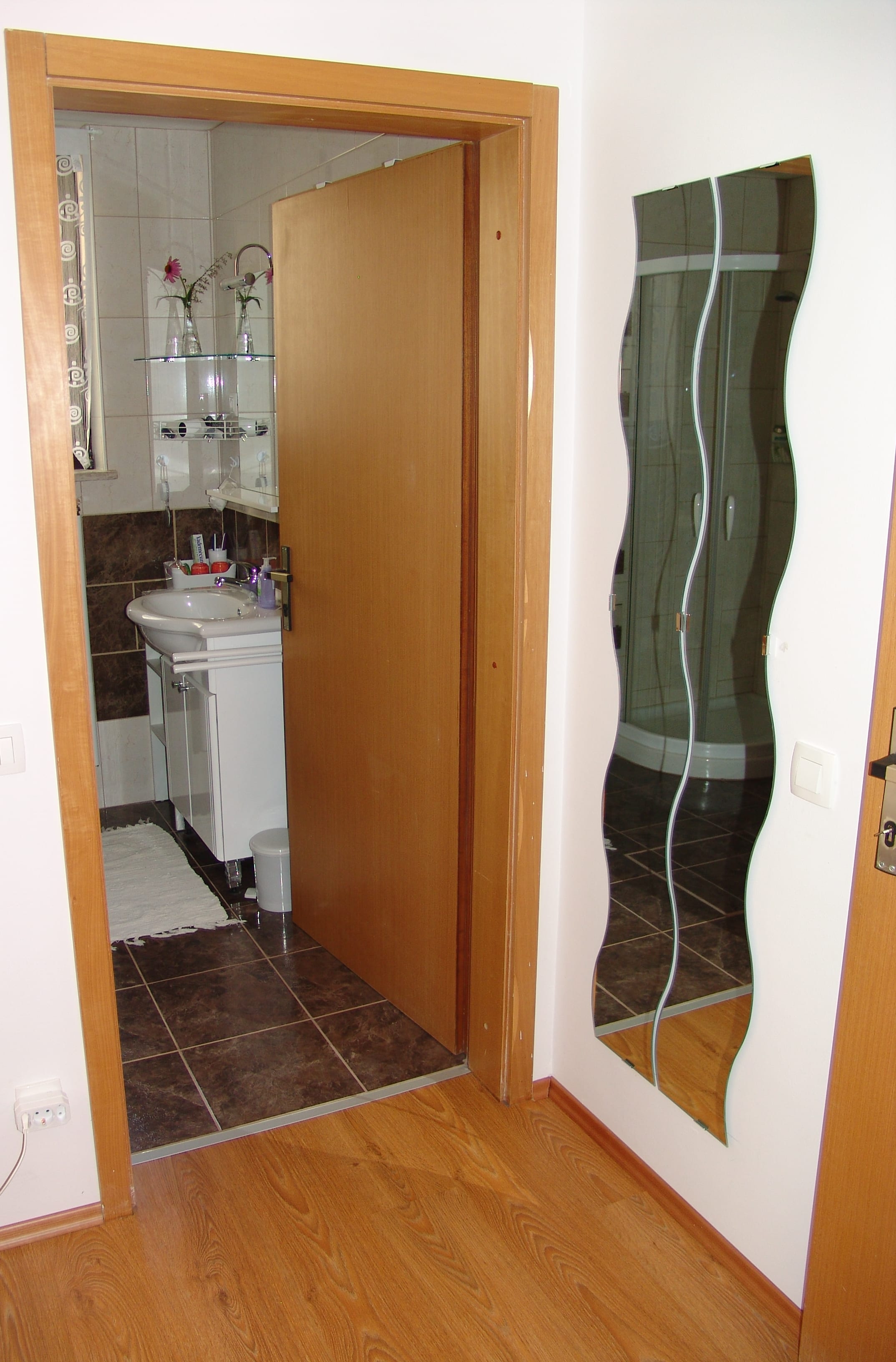 A hallway with a wood floor and a tall mirror, looking through an open door into the bathroom.