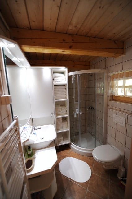 The cabin bathroom with a corner shower cubicle, washbasin and tiled walls.