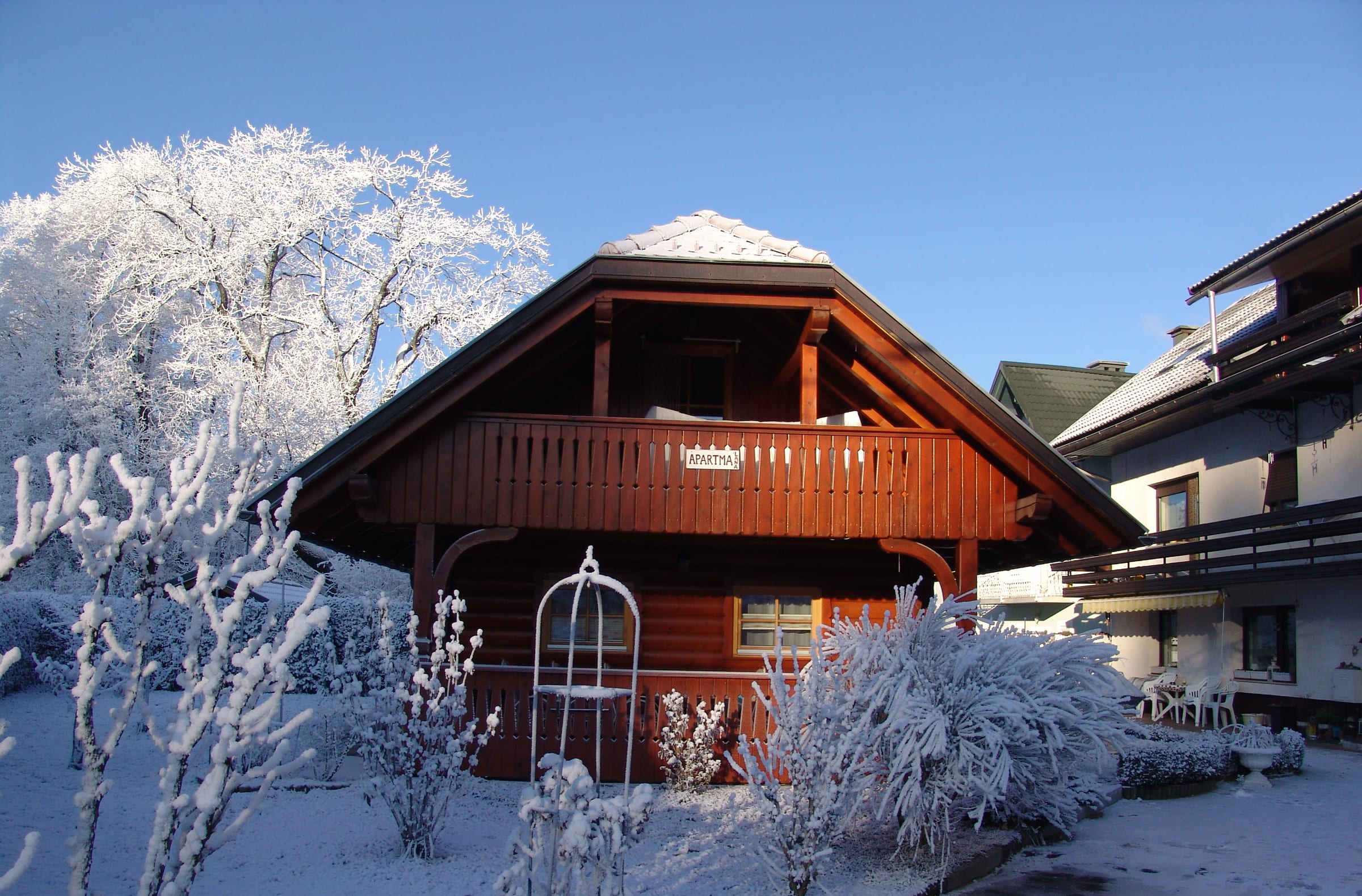 The timber chalet under snow on a clear winter day, with frosted branches in the foreground.