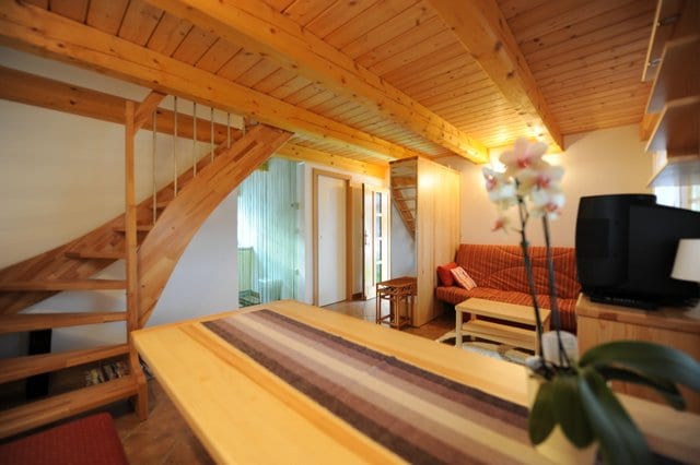The cabin sitting area with a sofa and television beside the timber staircase to the upper floor.